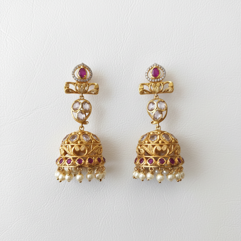 Ruby Polki Long Drop Jhumka Earrings flat lay on white background