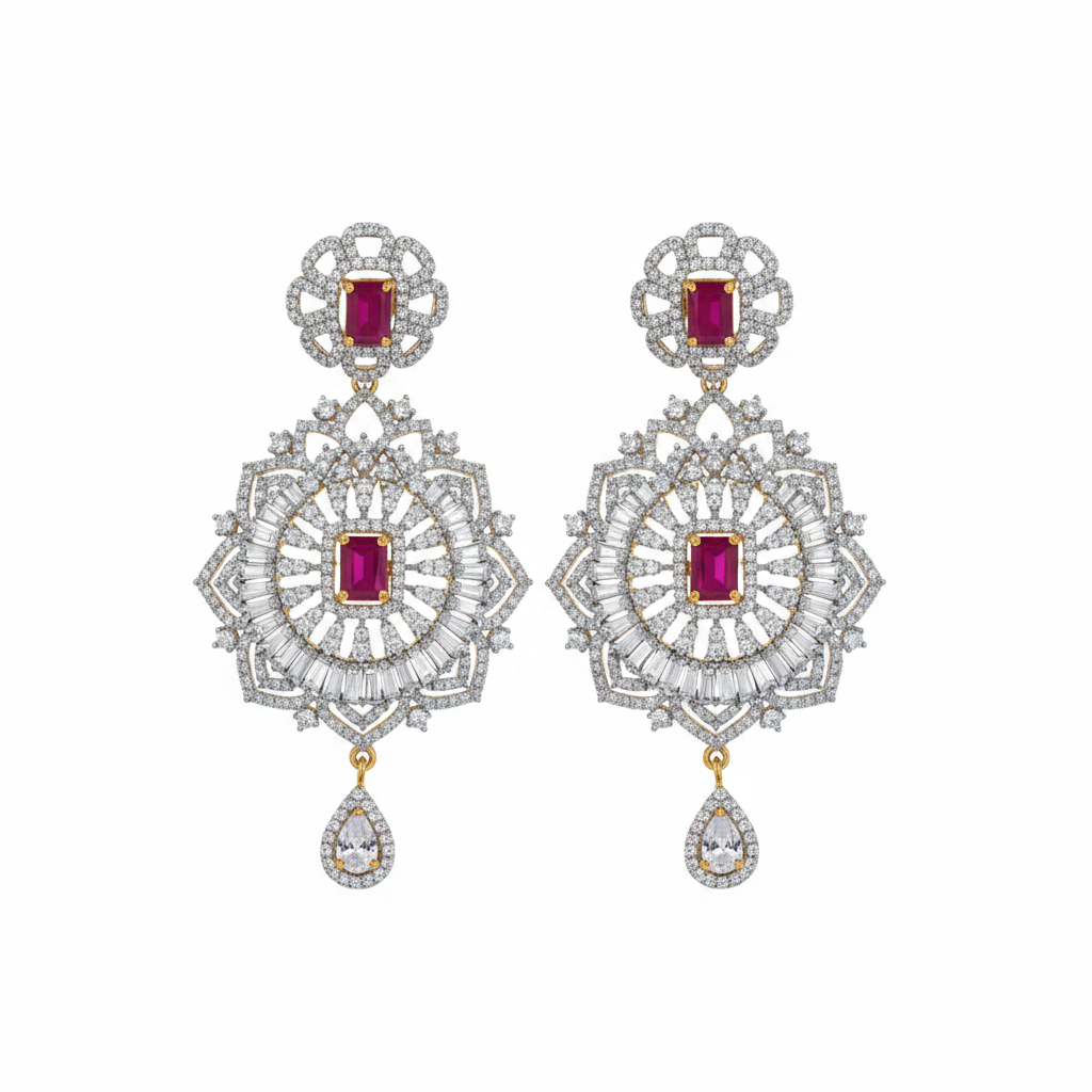 CZ Sunburst Floral Drop Earrings - White Background Studio Shot