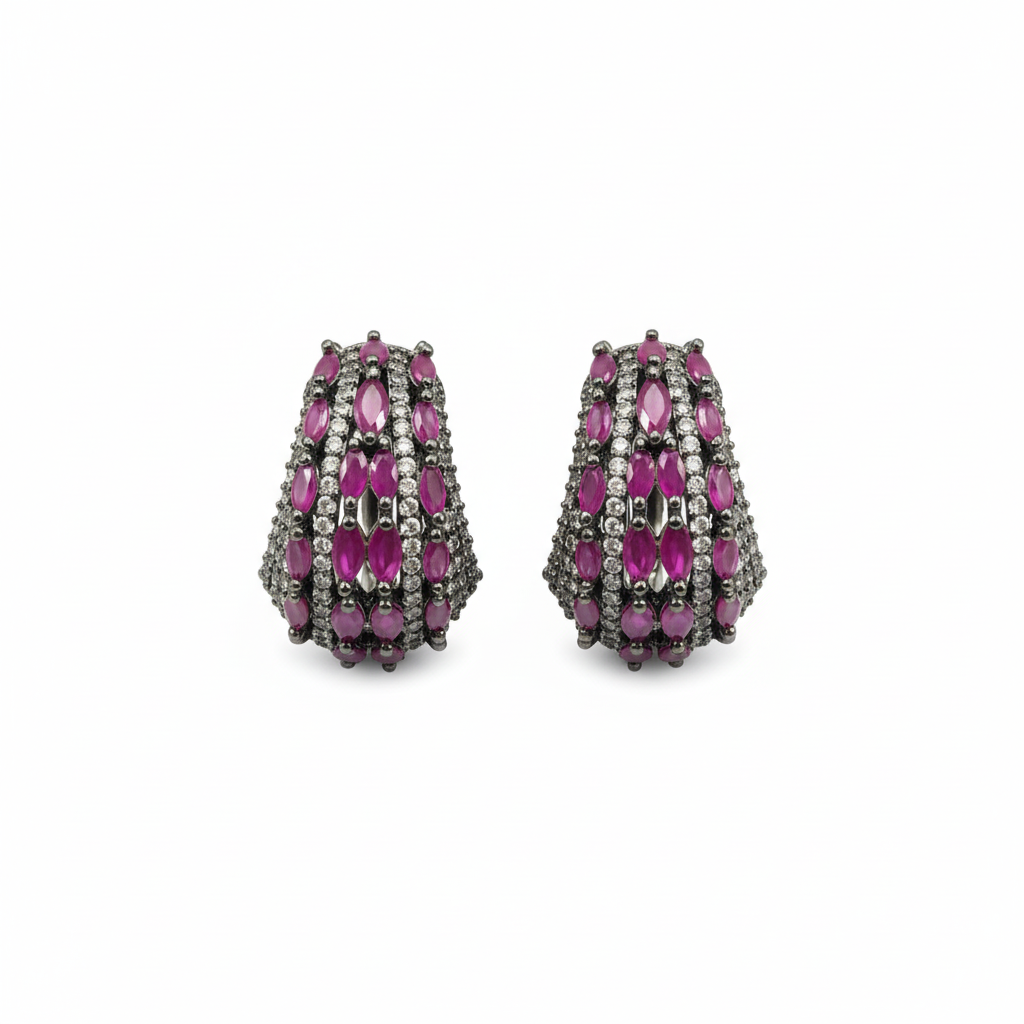 Victorian Bali Hoop Earrings Ruby CZ White Background Studio Shot