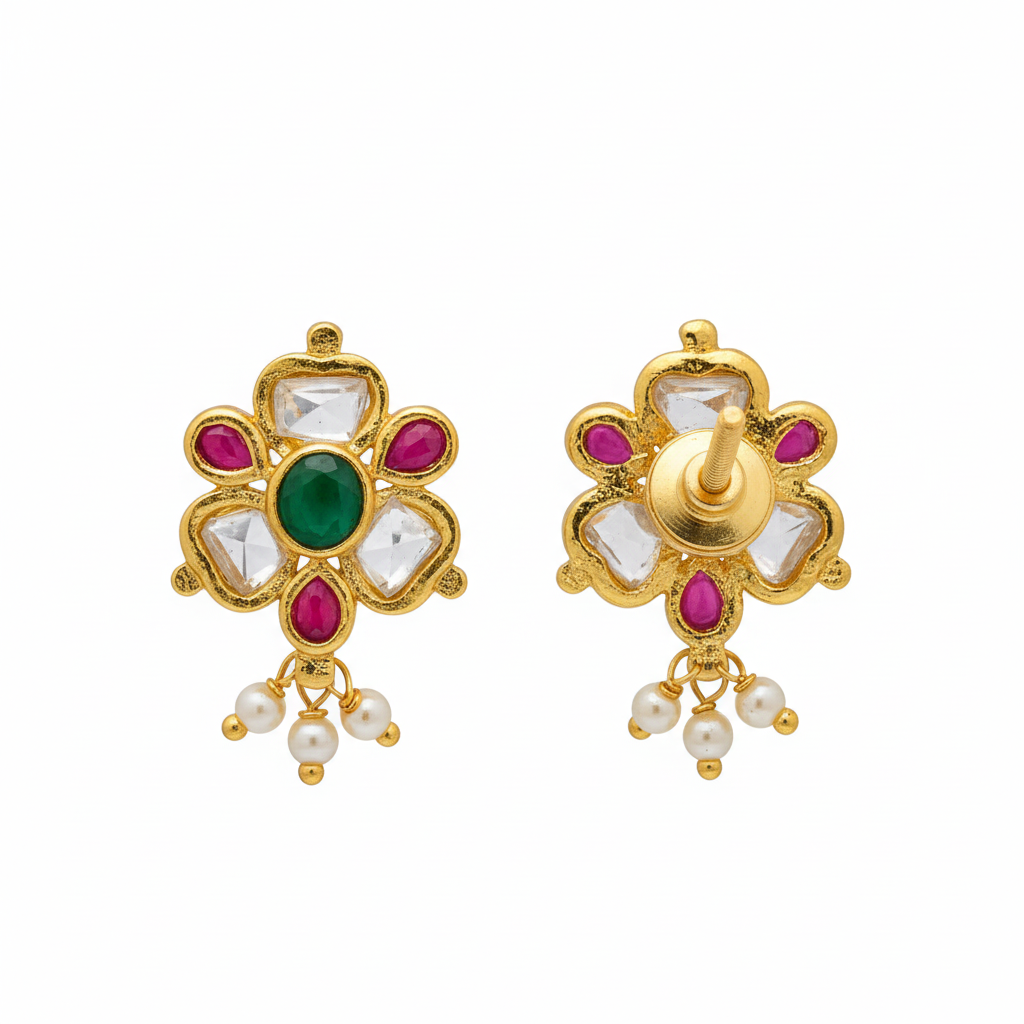 Kempu Polki Flower Stud Earrings white background product shot