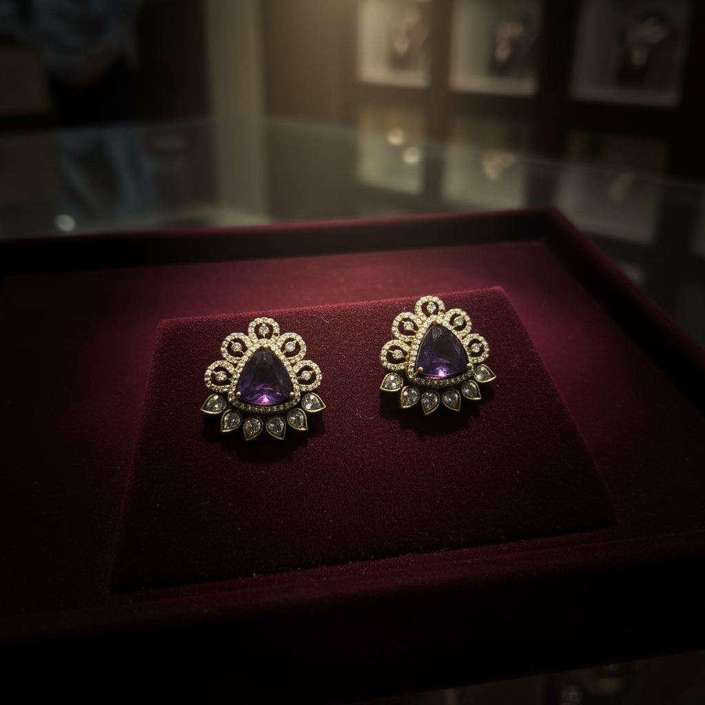 Mehndi Polish Amethyst Stud Earrings on velvet display