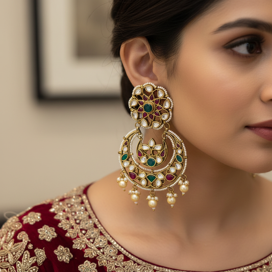 Indian model wearing Kundan Kempu Chandbali Earrings 8cm in bridal attire