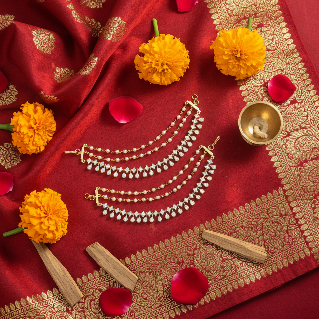 Flat lay of pearl ear chains with traditional cultural elements