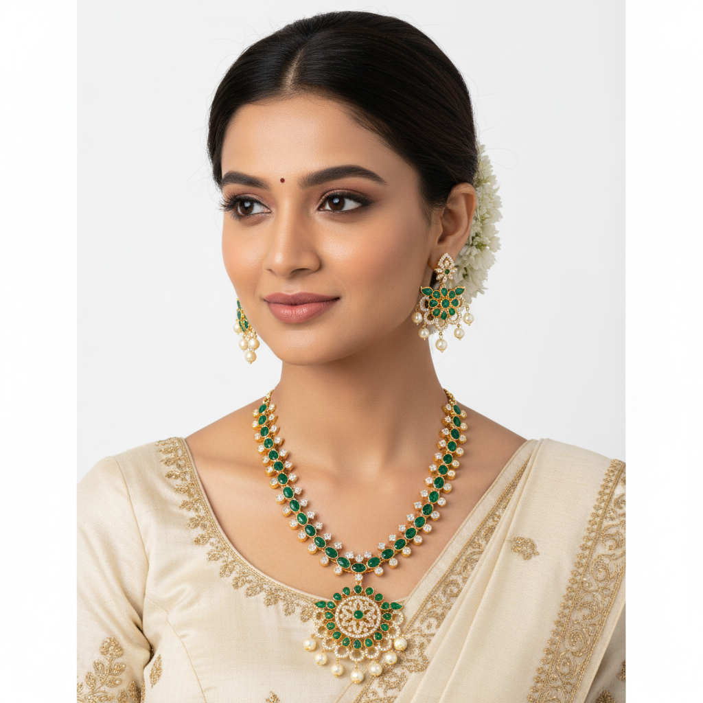 Elegant model wearing emerald green CZ necklace set