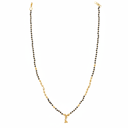 24K gold plated mangalsutra chain with black beads on white background