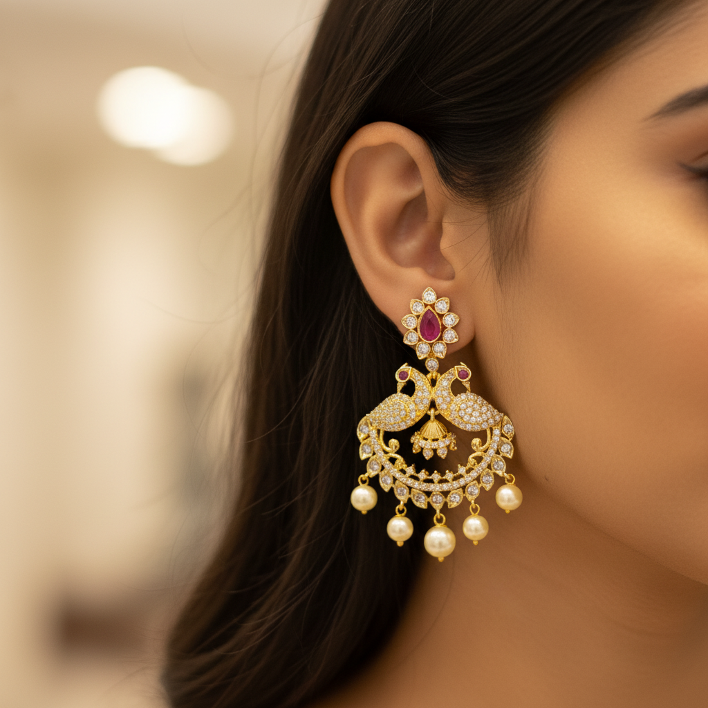 CZ Peacock Chandbali Earrings - Model Wearing Shot