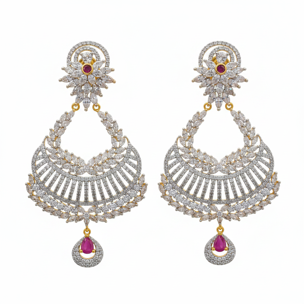 Vaayu Chandbali Earrings close-up detail shot - CZ stones and ruby pendant