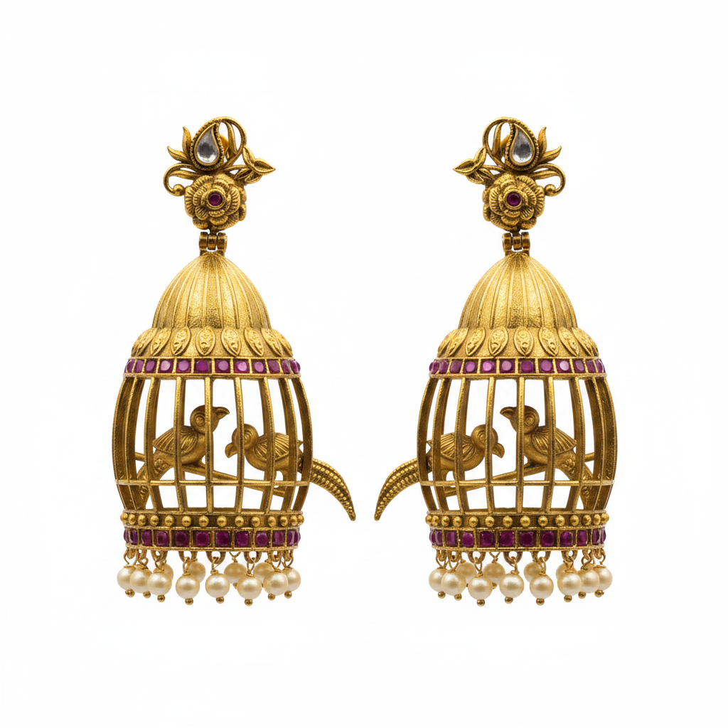 Flat lay of antique cage jhumka earrings on white background