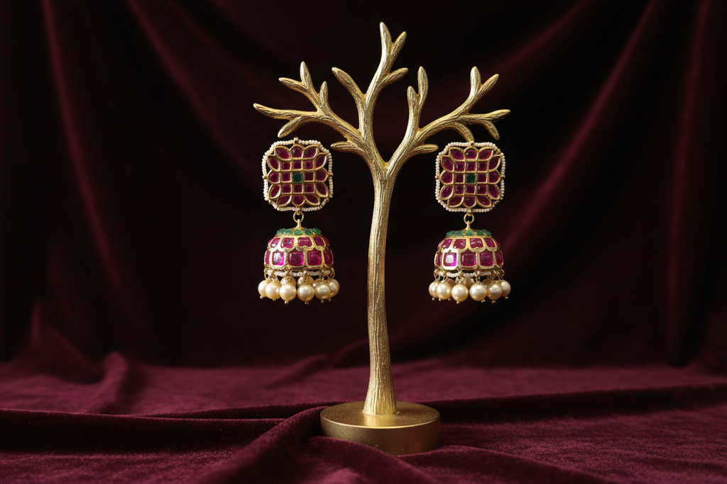 Square Kundan Jhumka - Boutique Display on Maroon Velvet