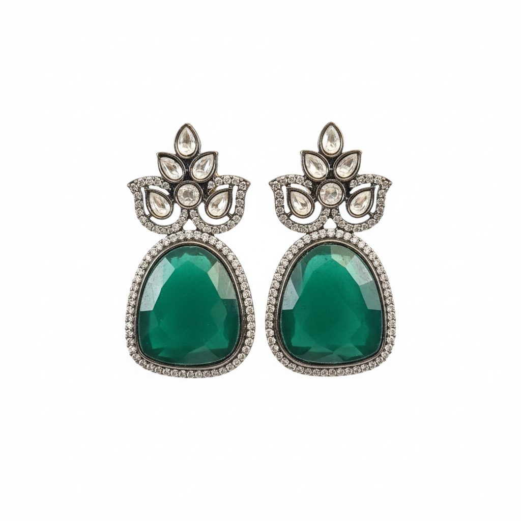 Victorian Kundan Earrings - Emerald Green