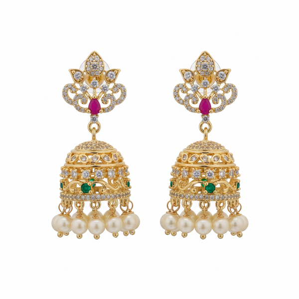 Gold-Plated Filigree Dome Jhumka Earrings White Background