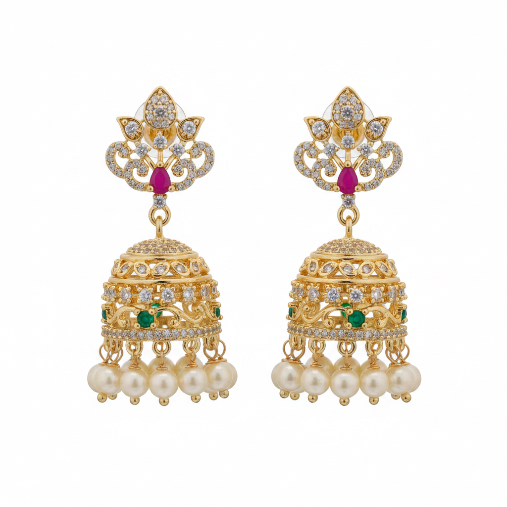 Gold-Plated Filigree Dome Jhumka Earrings White Background