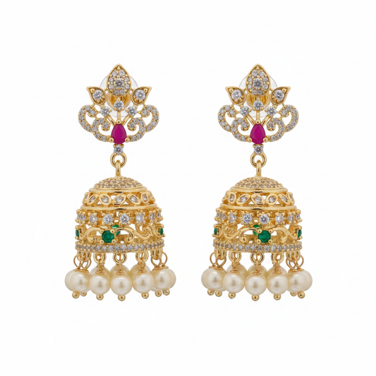 Gold-Plated Filigree Dome Jhumka Earrings White Background