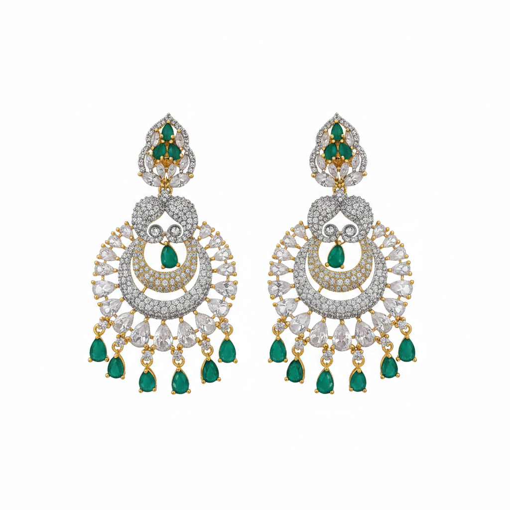Flat lay Diamond Replica Chandbali Earrings Green variant on white background