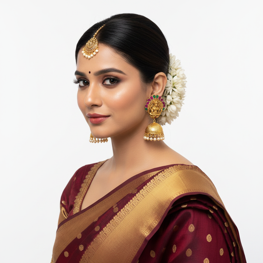 Model wearing Goddess Laxmi Matte Gold Temple Jhumka Earrings on white background - lifestyle photo