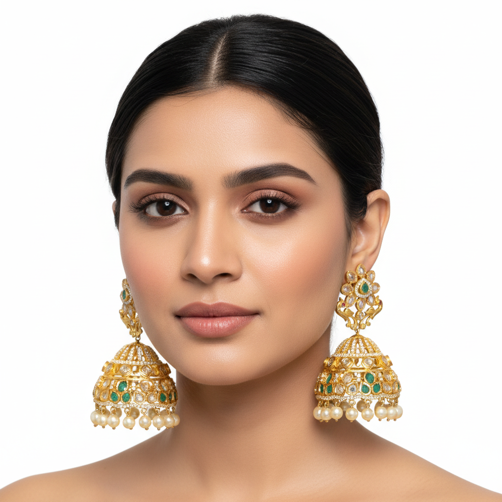 Model wearing Polki Jhumka - Emerald