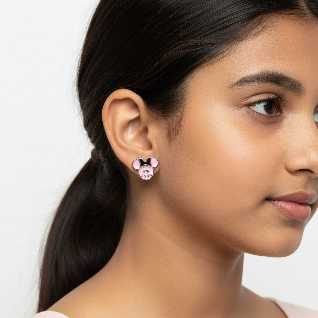 925 Silver Pink Mouse Earrings for Kids - Love Character Studs