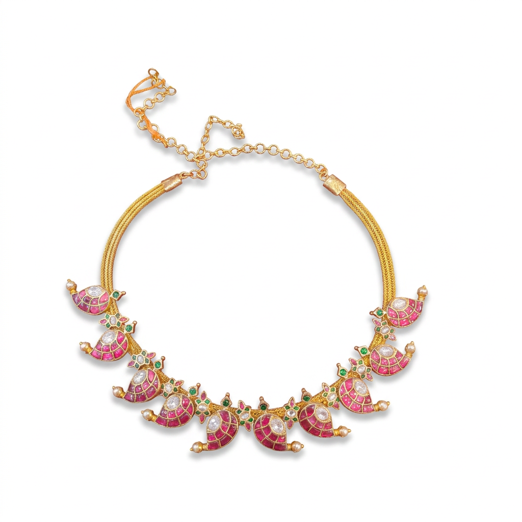 Pink and green jadau kundan mango necklace on a white background, necklace only