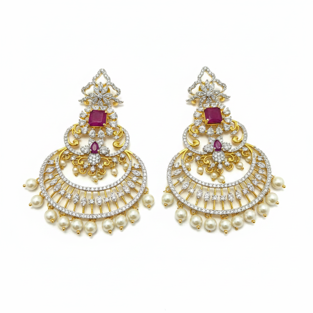 Diamond Finish Chandbali Earrings - Close Up Detail Shot