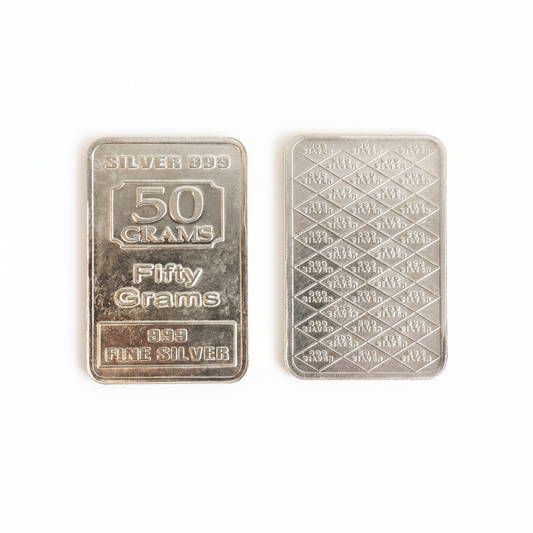 50g 999 Fine Silver Bar front and back white background