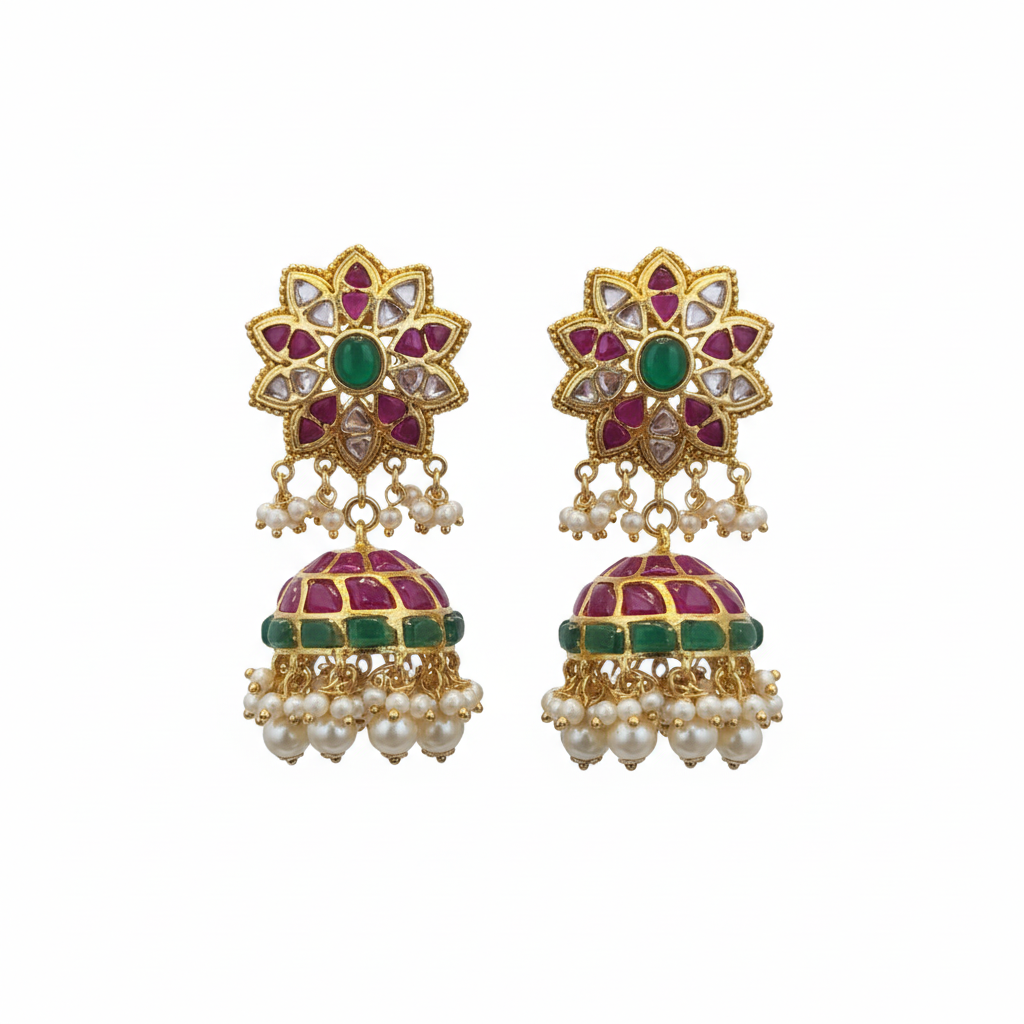 Star Flower Emerald Kundan Jhumka - White Background Hero Shot