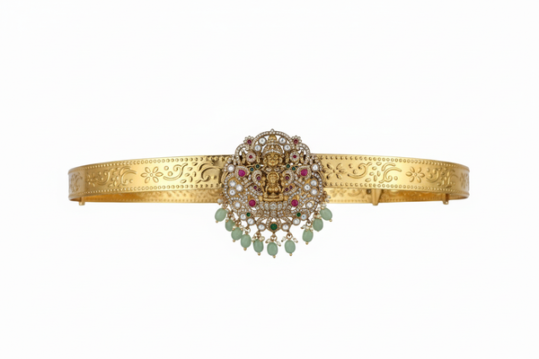 Traditional Temple Lakshmi Vaddanam 24K Gold Plated Waist Belt on white background