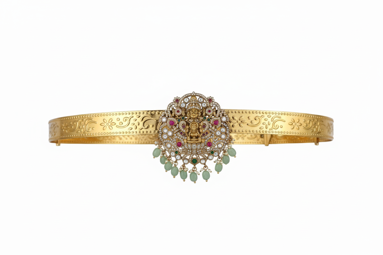 Traditional Temple Lakshmi Vaddanam 24K Gold Plated Waist Belt on white background