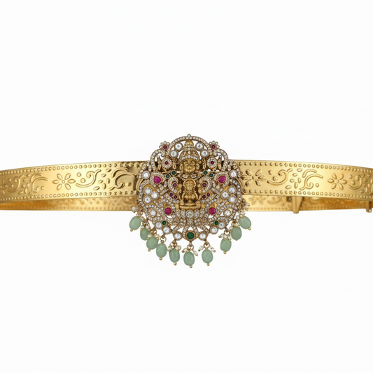 Traditional Temple Lakshmi Vaddanam 24K Gold Plated Waist Belt on white background