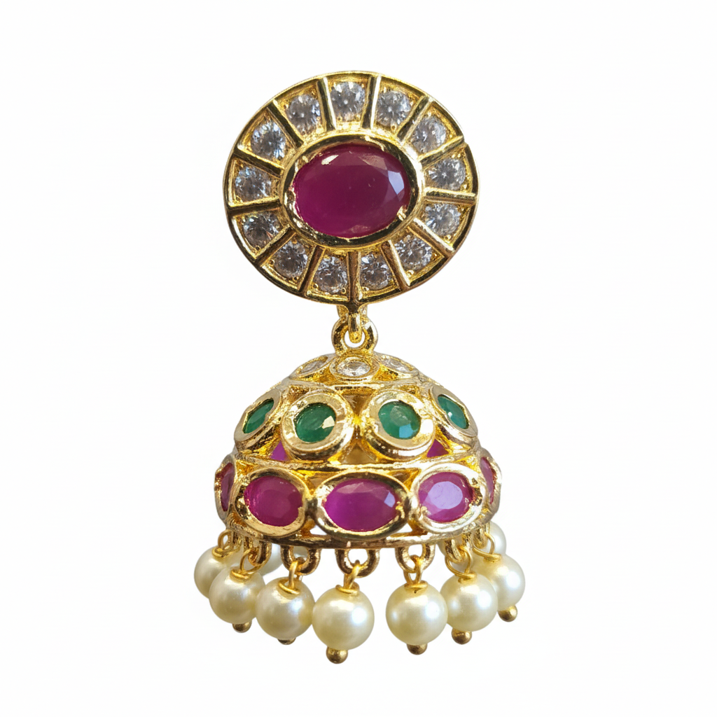 Gold Plated CZ Jhumka - Macro Ruby CZ Detail