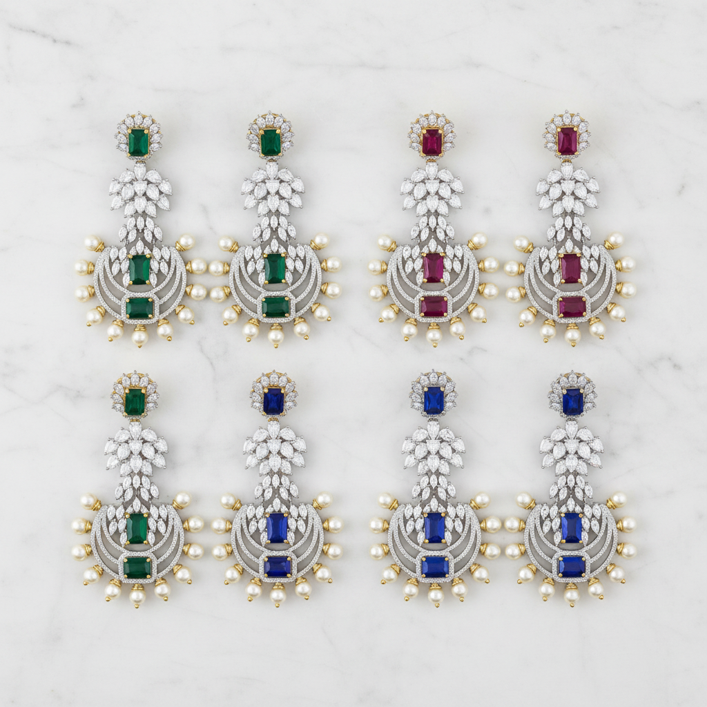 CZ Marquise Chandbali Earrings - All 4 Variants Flat Lay Marble