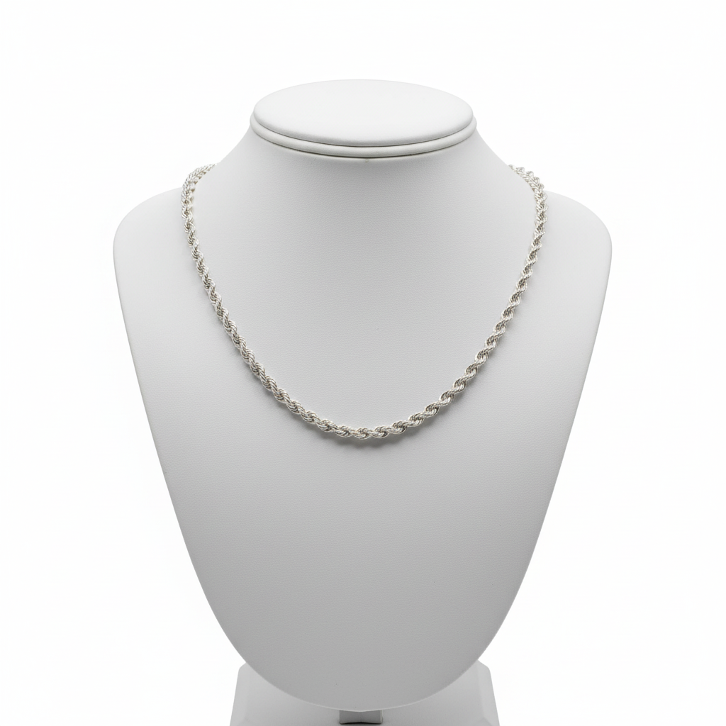 Silver rope chain necklace displayed on jewelry mannequin