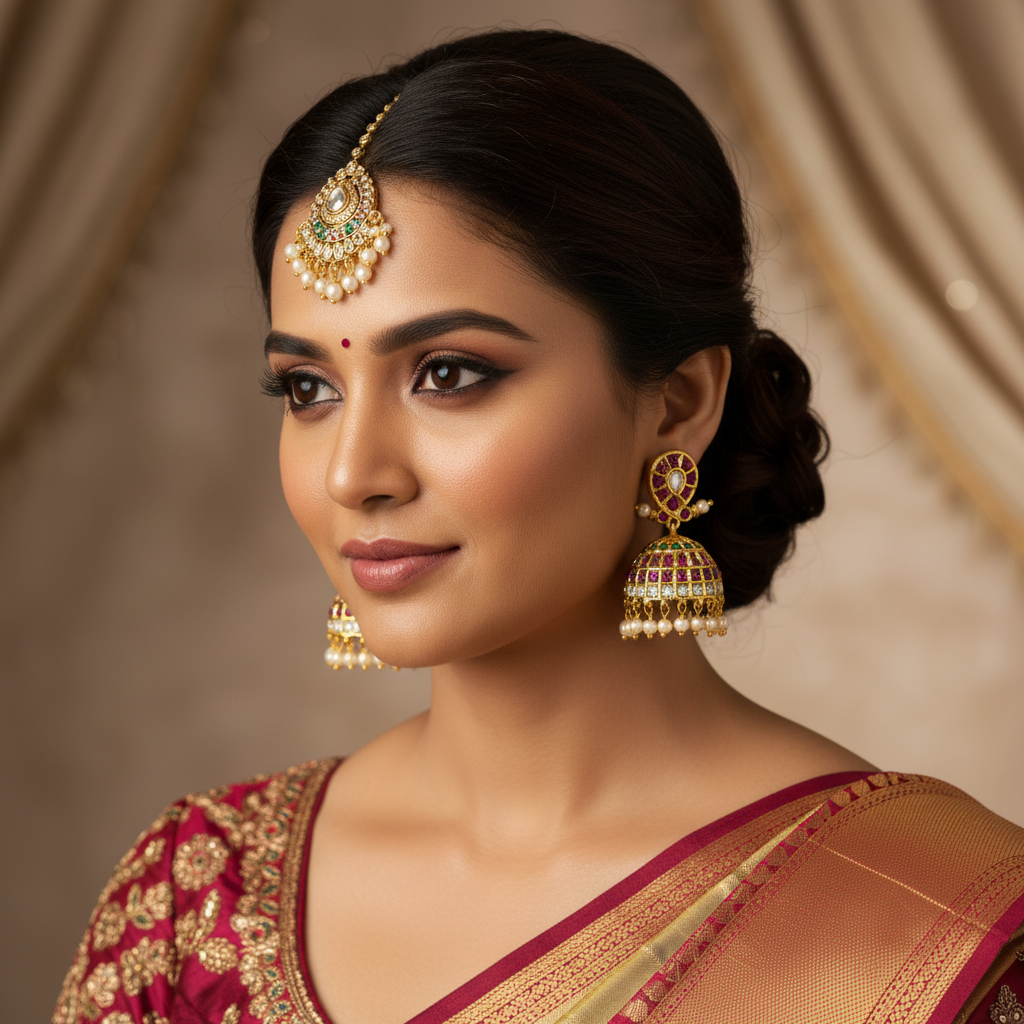 Navratna Multi-Stone Kempu Jhumka - Model Wear
