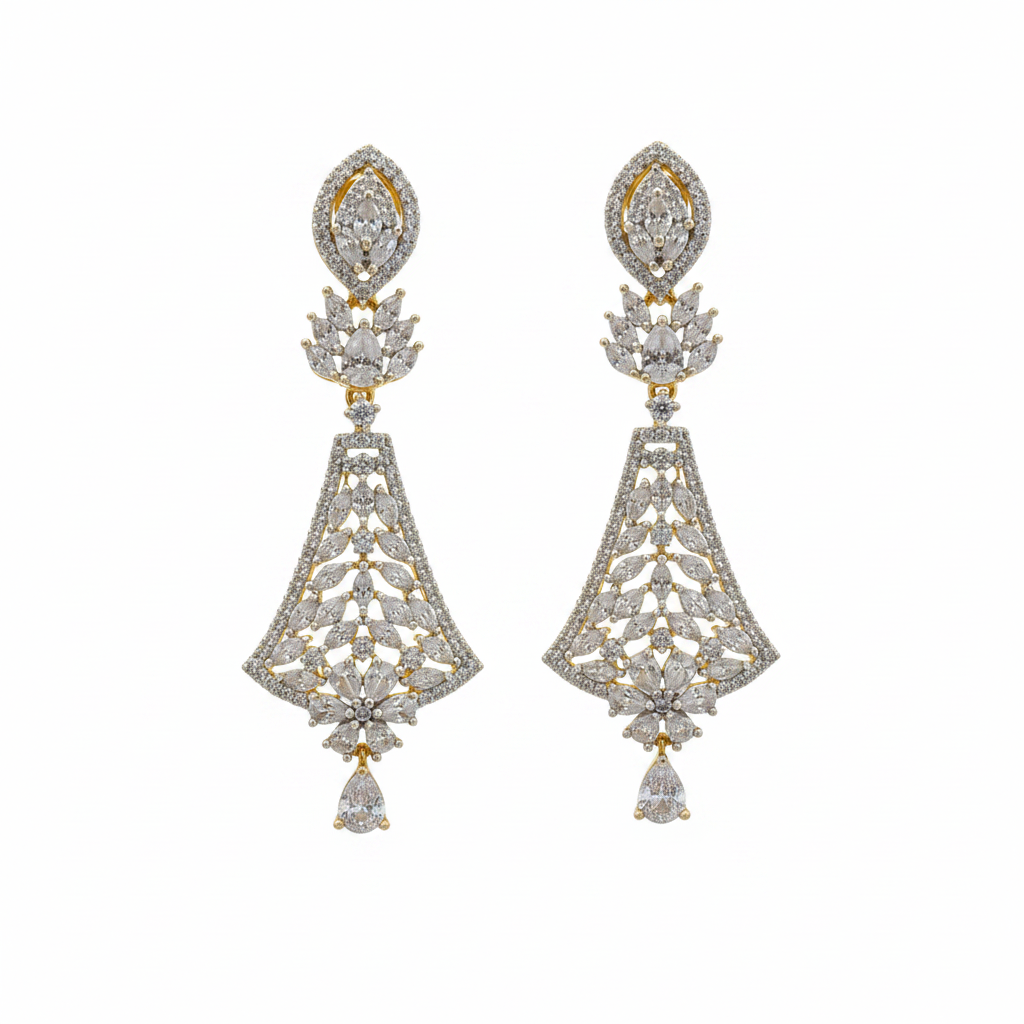 CZ Marquise Kite Chandelier Earrings - White CZ White Background Studio Shot