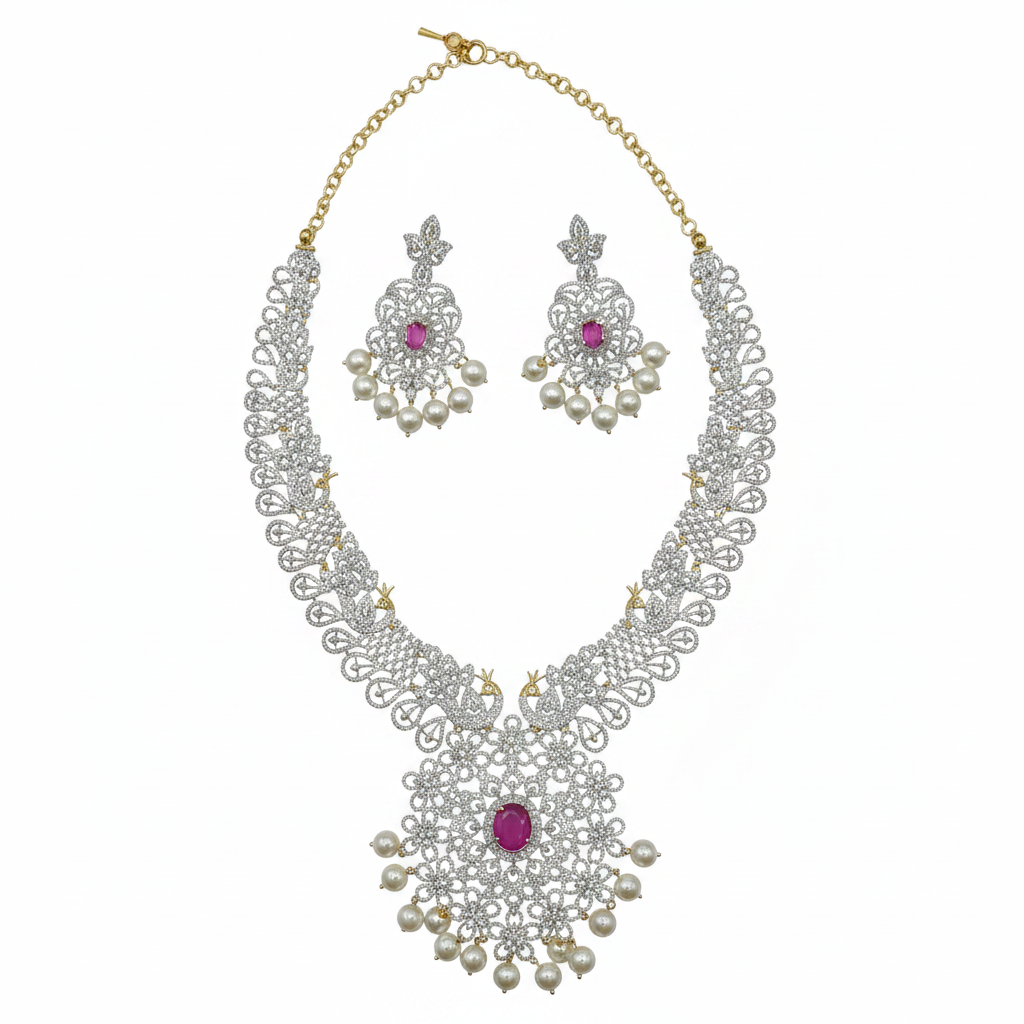 Ruby CZ Necklace Set - White Background Flat Lay
