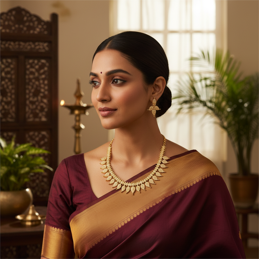 Lifestyle image of gold plated mango necklace and earrings set