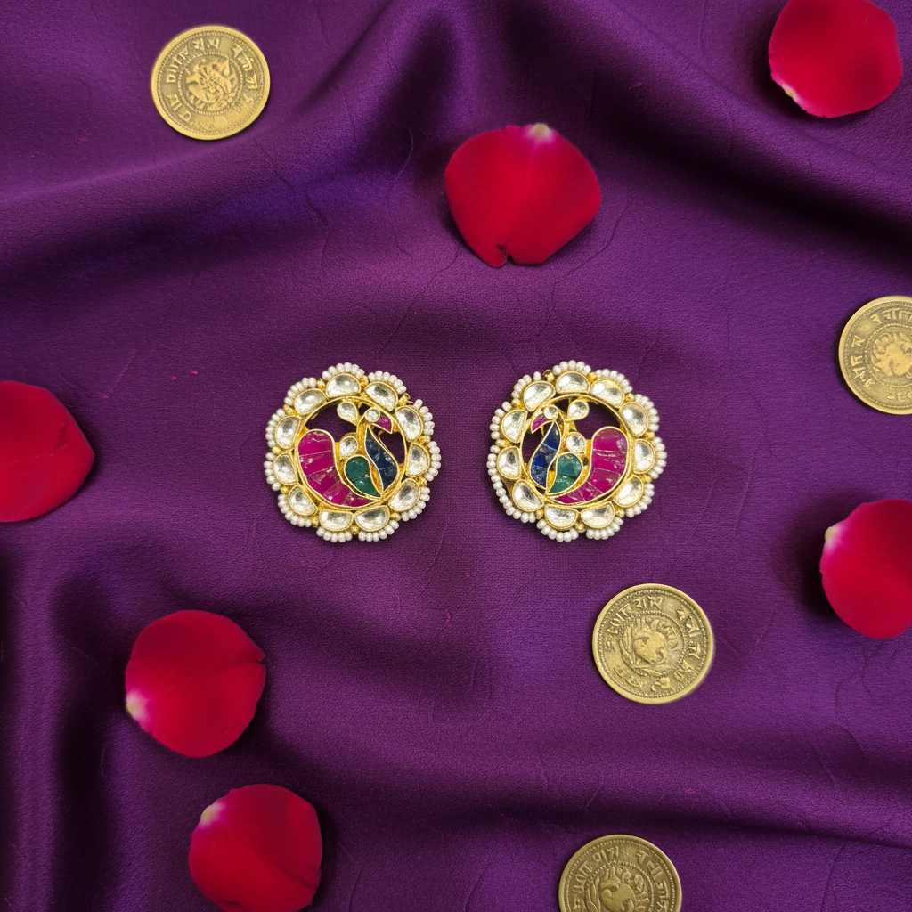 Navratna Kundan Peacock Studs - Flat Lay on Purple Silk