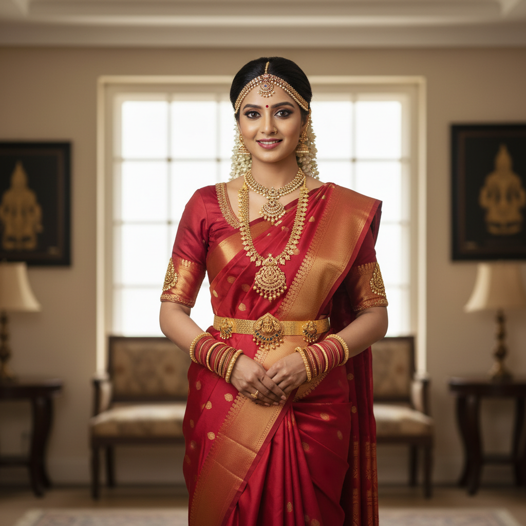 South Indian bride wearing three-pendant Lakshmi vaddanam