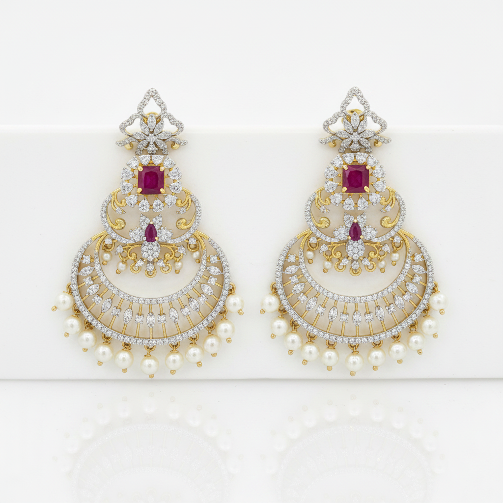 Diamond Finish Chandbali Earrings - White Background Studio Shot