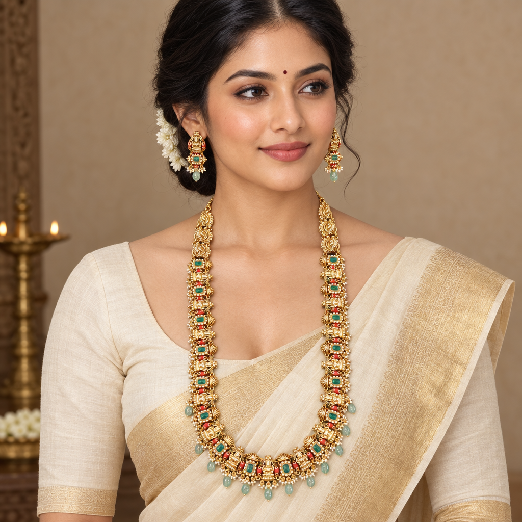 Model wearing full-length Lakshmi haram and matching earrings