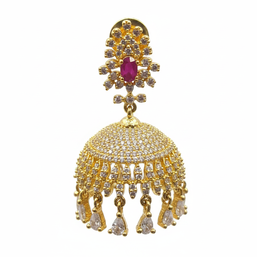 Close-up detail of CZ pave dome and screwback closure on gold jhumka earring