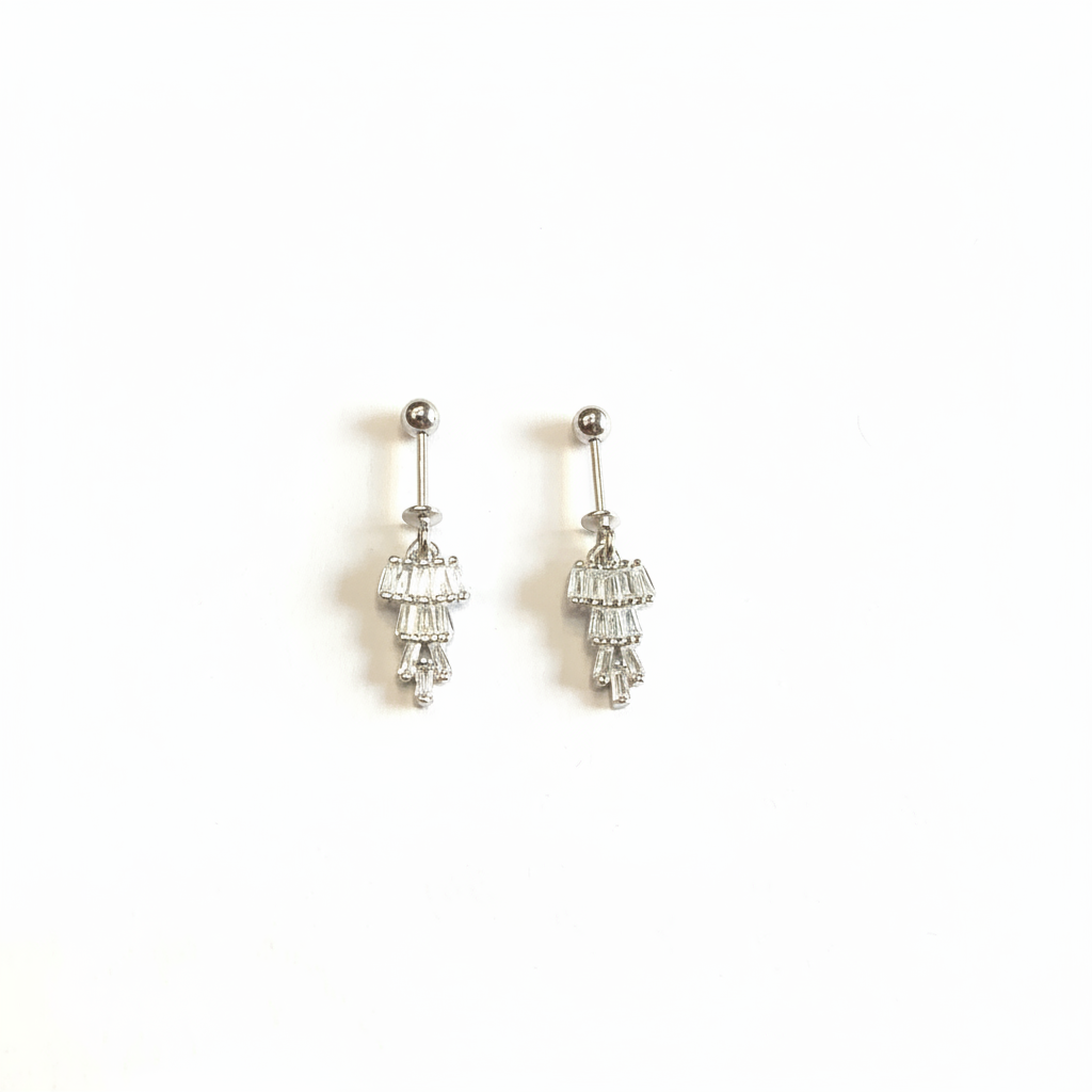 925 Silver Helix Drop Earrings - Tiered Baguette Design