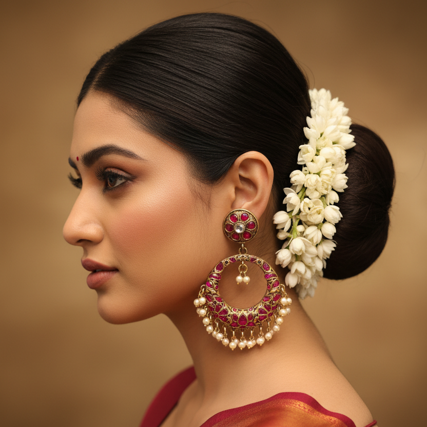 Model Wearing 925 Silver Jadau Kundan Chandbali Earrings