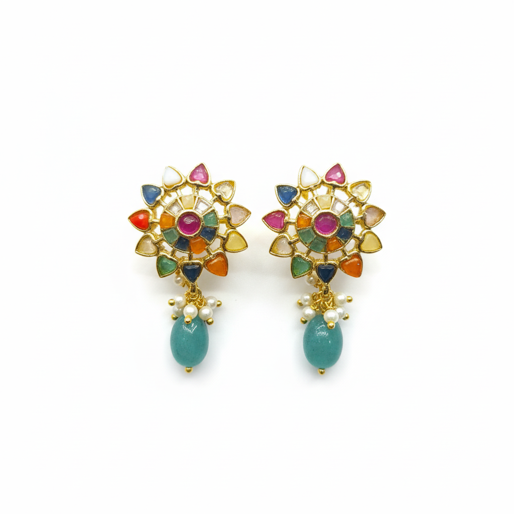 Navratna Sunflower Earrings with turquoise drop on white background