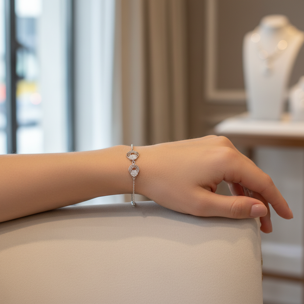 Woman wearing 925 sterling silver circular zircon bracelet lifestyle shot