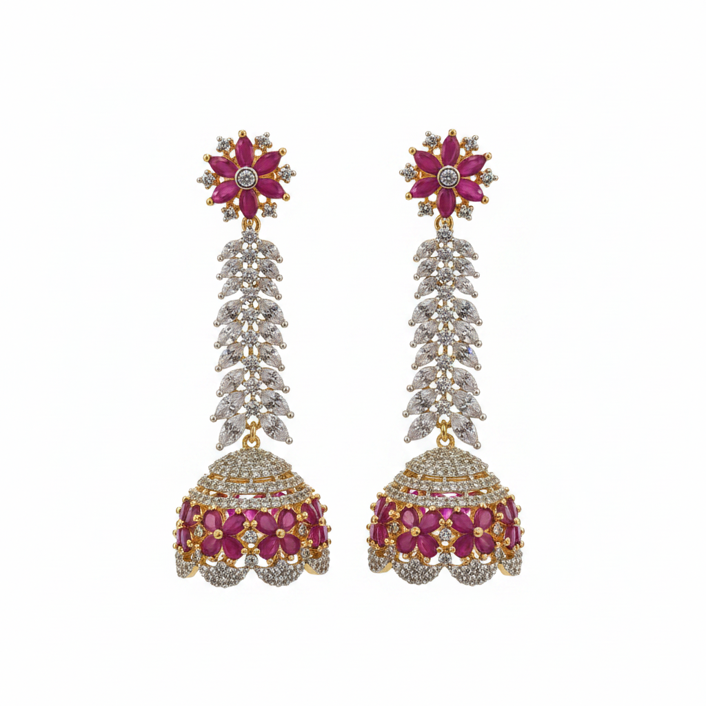 Pink CZ Jhumka - White Background