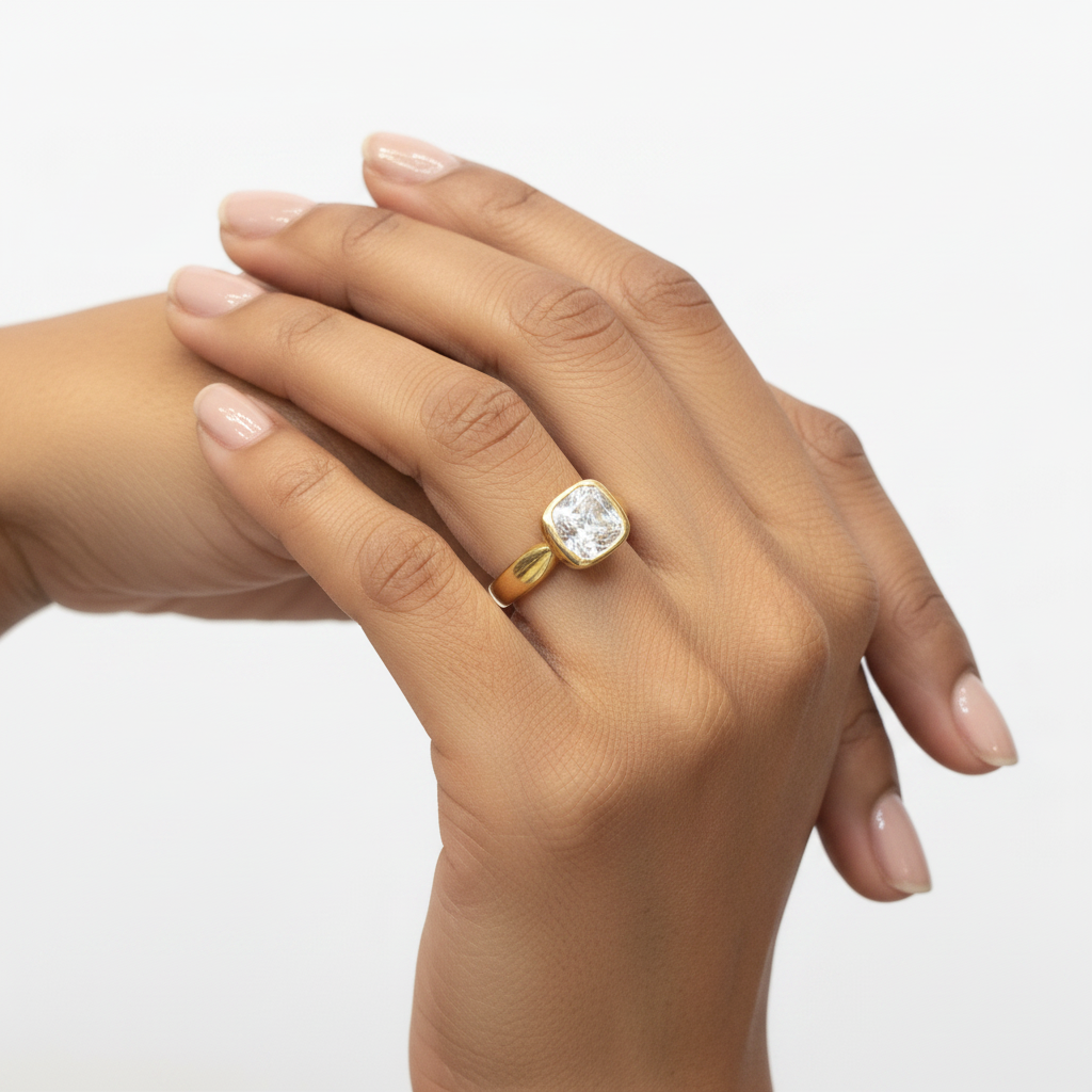 Gold White Cushion-Cut Solitaire Ring - Lifestyle