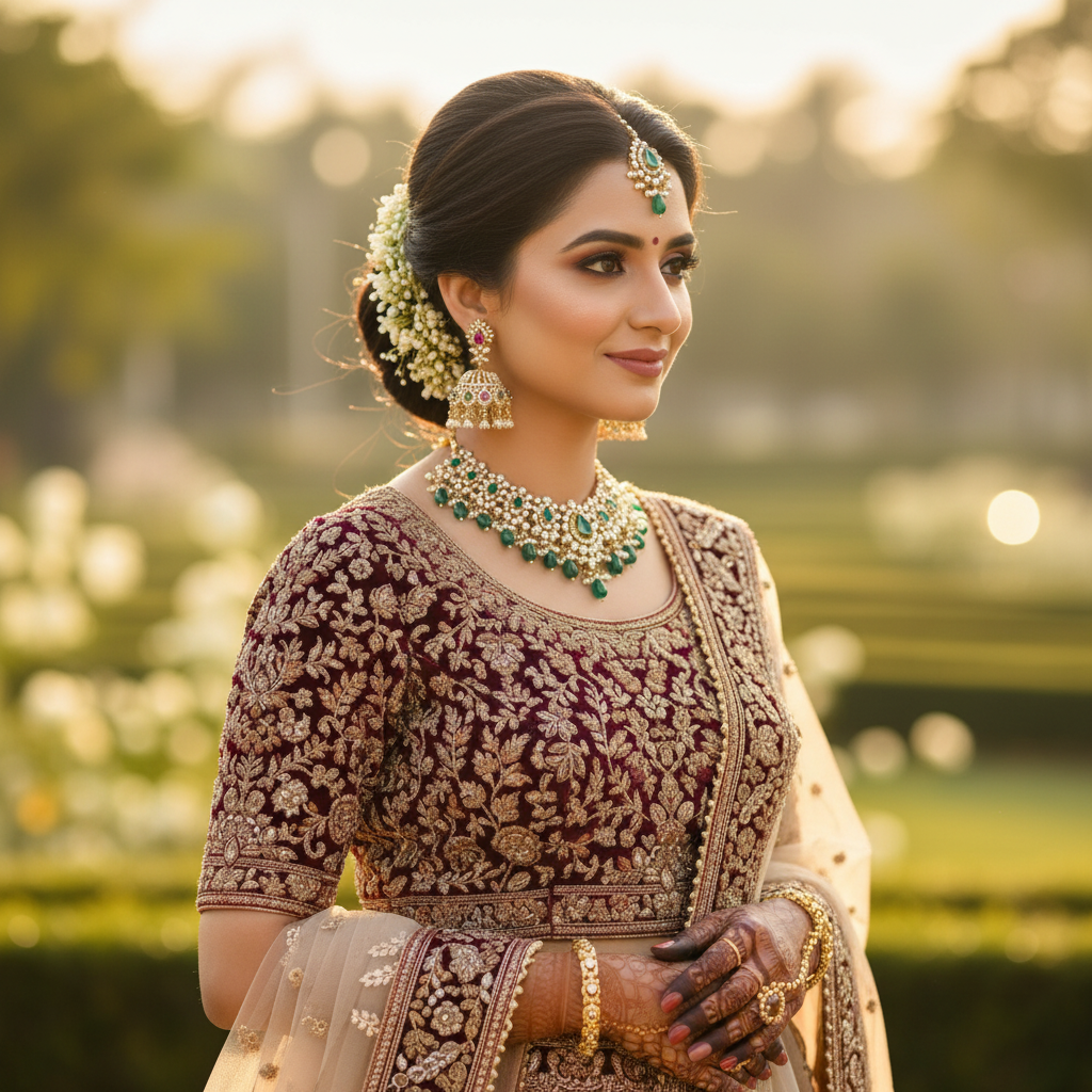 Bridal lifestyle shot - rose gold jhumka earrings green and pink