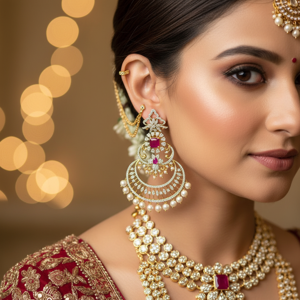 Diamond Finish Chandbali Earrings - Model Lifestyle Shot