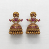 Premium Ruby Peacock Matte Gold Jhumka Earrings flat lay on white background