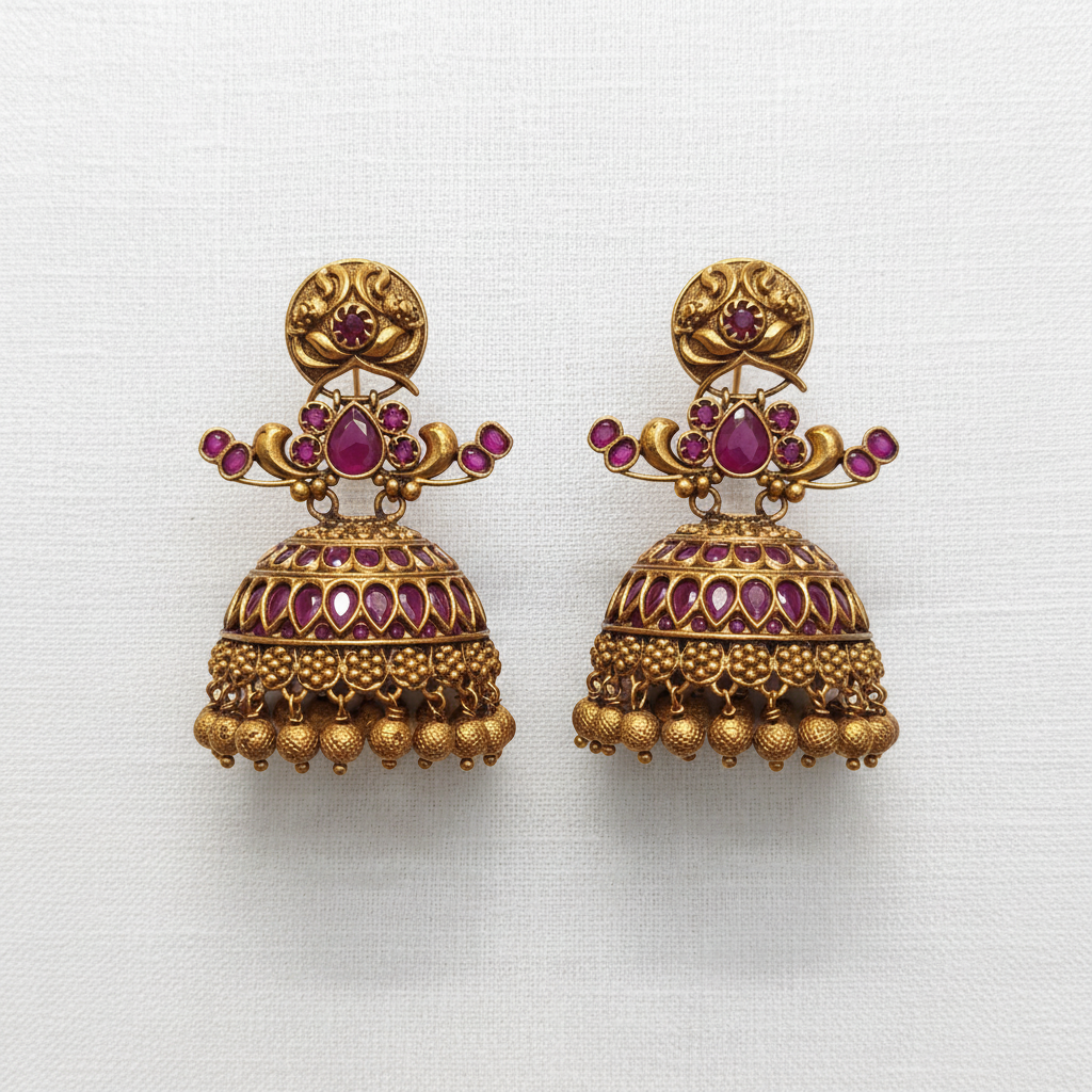 Premium Ruby Peacock Matte Gold Jhumka Earrings flat lay on white background